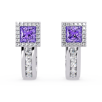 ER CAD004 princess halo colorstone huggie earrings Amethyst Purple White gold