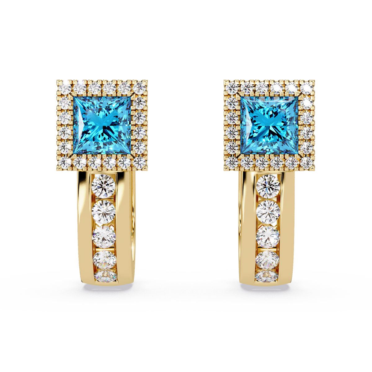 ER CAD004 princess halo colorstone huggie earrings Aquamarine Blue Gold
