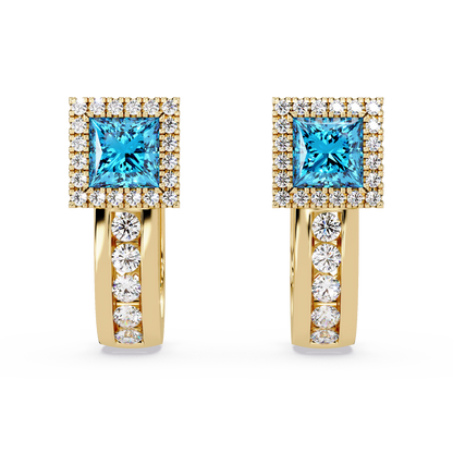 ER CAD004 princess halo colorstone huggie earrings Aquamarine Blue Gold