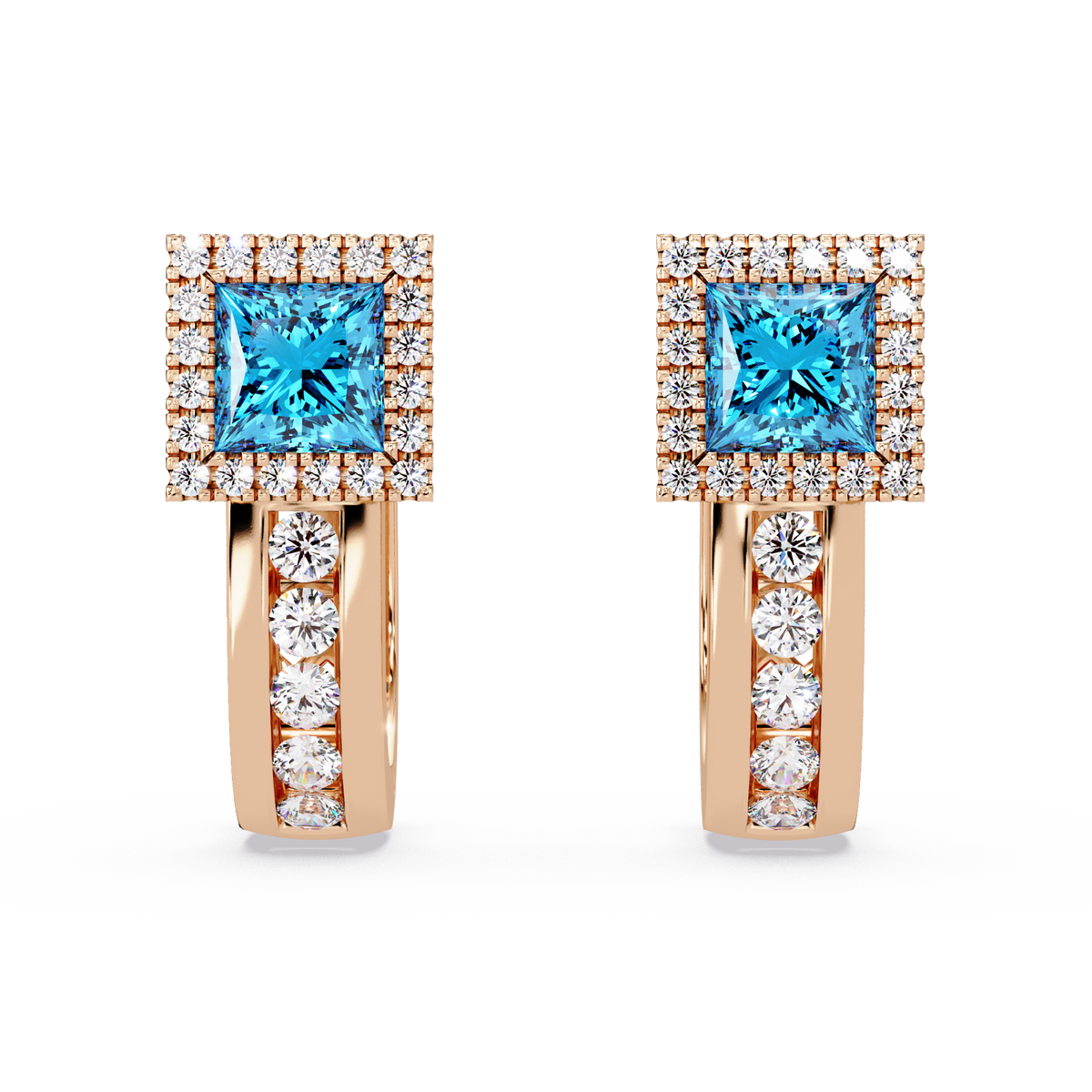 ER CAD004 princess halo colorstone huggie earrings Aquamarine Blue Rose gold