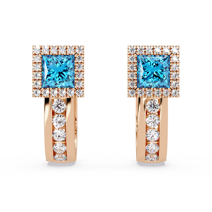 ER CAD004 princess halo colorstone huggie earrings Aquamarine Blue Rose gold