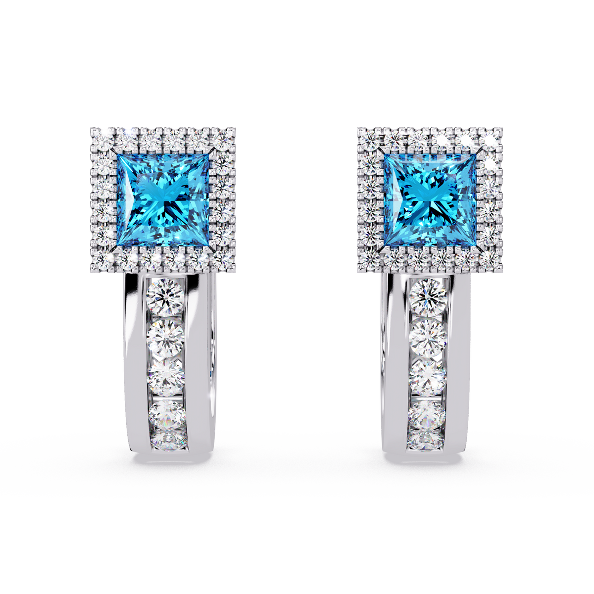 ER CAD004 princess halo colorstone huggie earrings Aquamarine Blue White gold