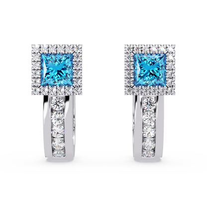 ER CAD004 princess halo colorstone huggie earrings Aquamarine Blue White gold