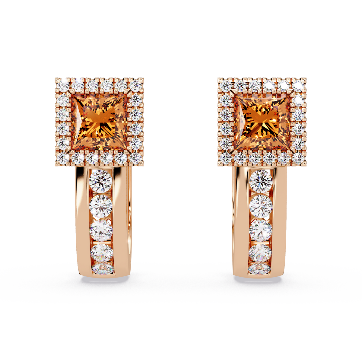 ER CAD004 princess halo colorstone huggie earrings Champagne Topaz Rose gold