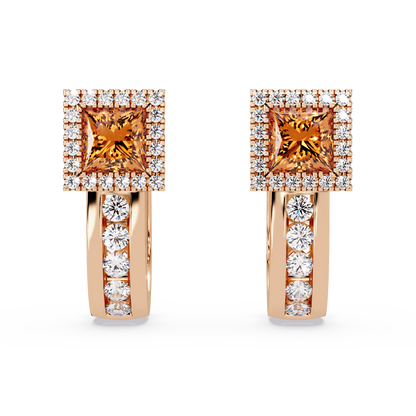 ER CAD004 princess halo colorstone huggie earrings Champagne Topaz Rose gold