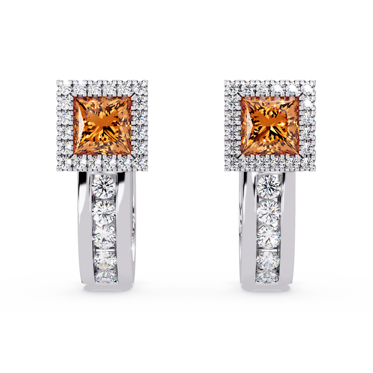 ER CAD004 princess halo colorstone huggie earrings Champagne Topaz White gold