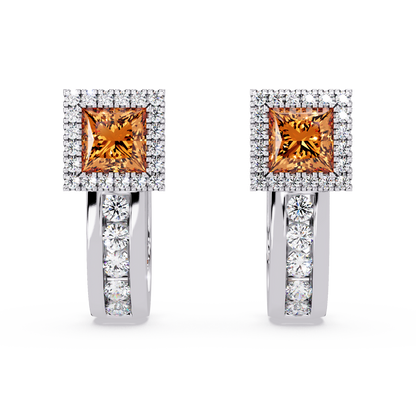 ER CAD004 princess halo colorstone huggie earrings Champagne Topaz White gold