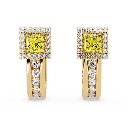 ER CAD004 princess halo colorstone huggie earrings Citrine Yellow Gold