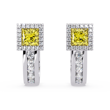 ER CAD004 princess halo colorstone huggie earrings Citrine Yellow White gold