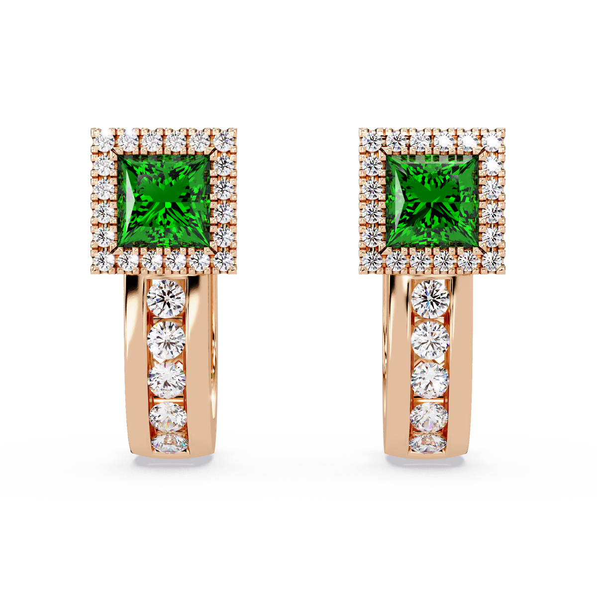 ER CAD004 princess halo colorstone huggie earrings Emerald Green Rose gold