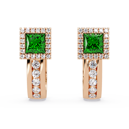 ER CAD004 princess halo colorstone huggie earrings Emerald Green Rose gold