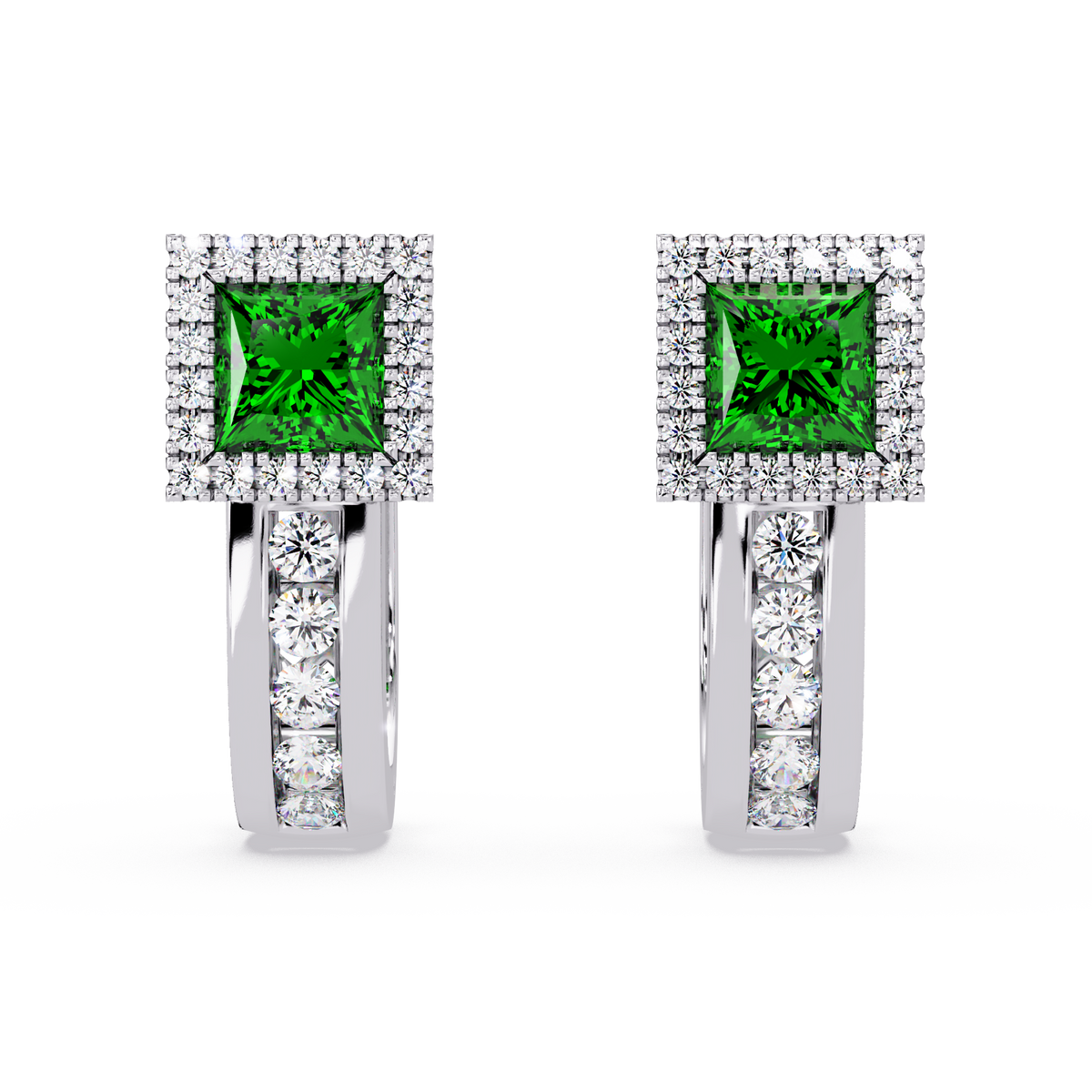 ER CAD004 princess halo colorstone huggie earrings Emerald Green White gold