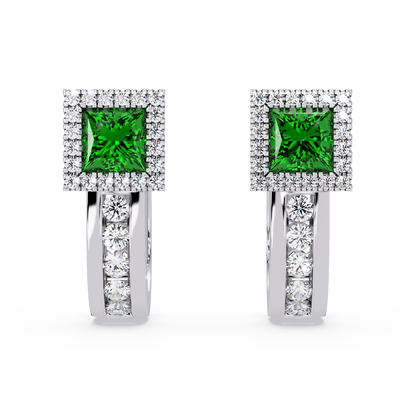 ER CAD004 princess halo colorstone huggie earrings Emerald Green White gold