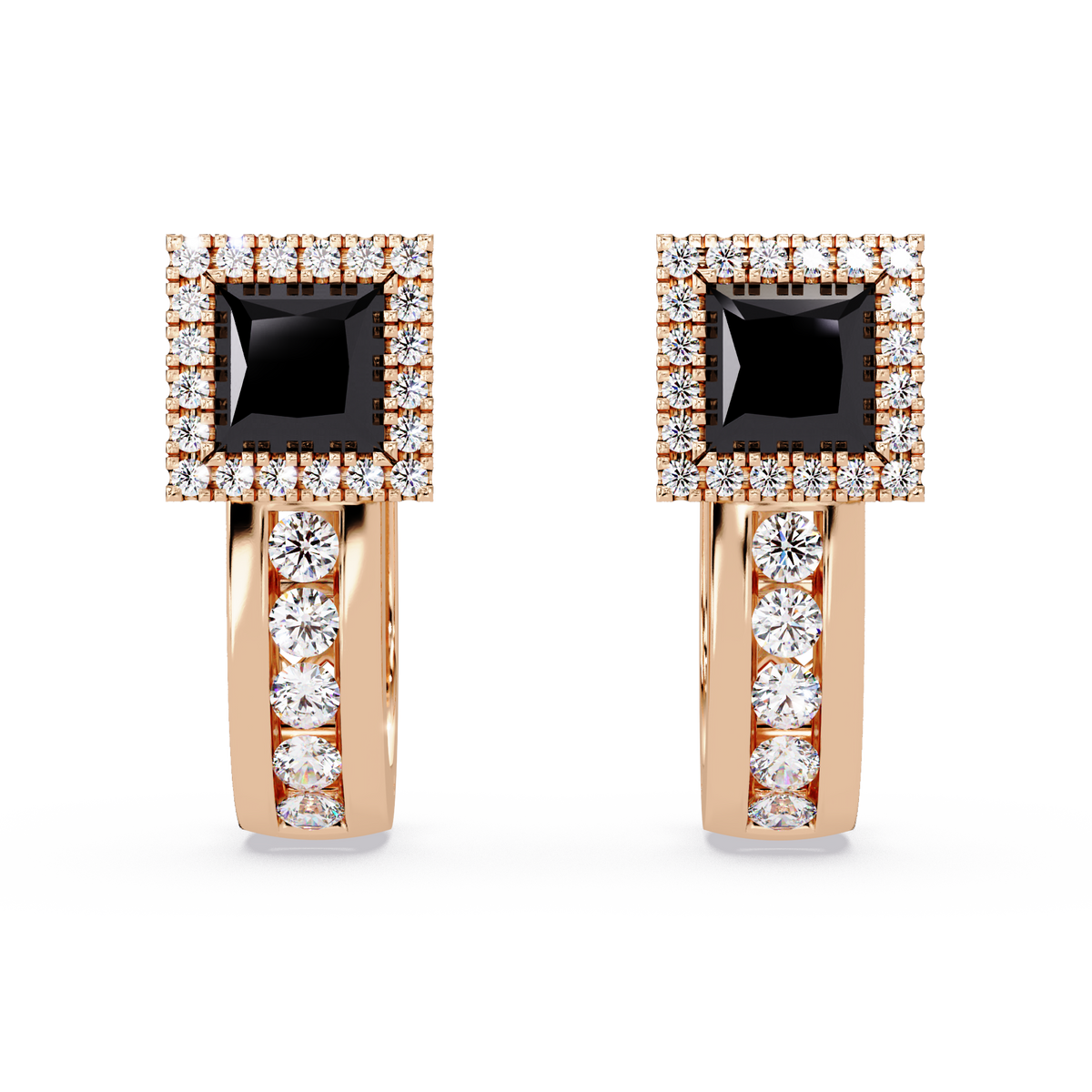 ER CAD004 princess halo colorstone huggie earrings Onyx Rose gold