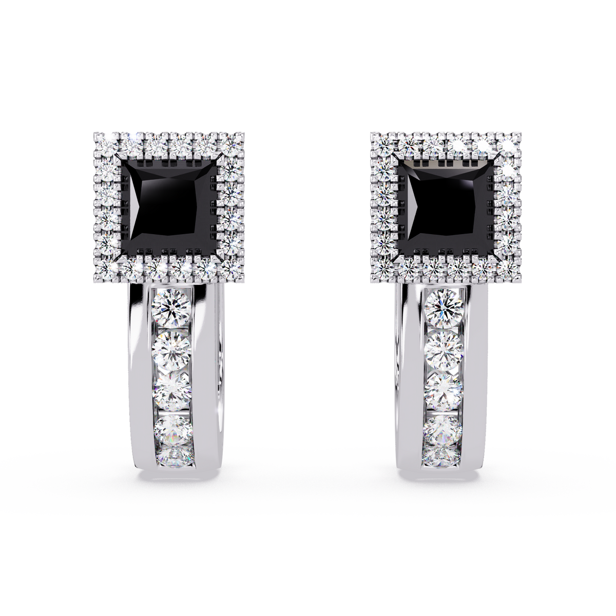 ER CAD004 princess halo colorstone huggie earrings Onyx White gold