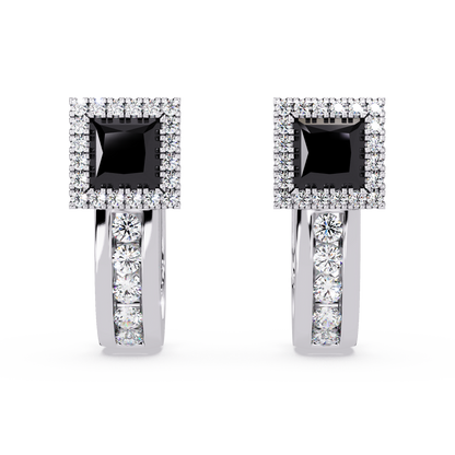 ER CAD004 princess halo colorstone huggie earrings Onyx White gold