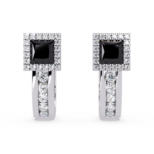 ER CAD004 princess halo colorstone huggie earrings Onyx White gold