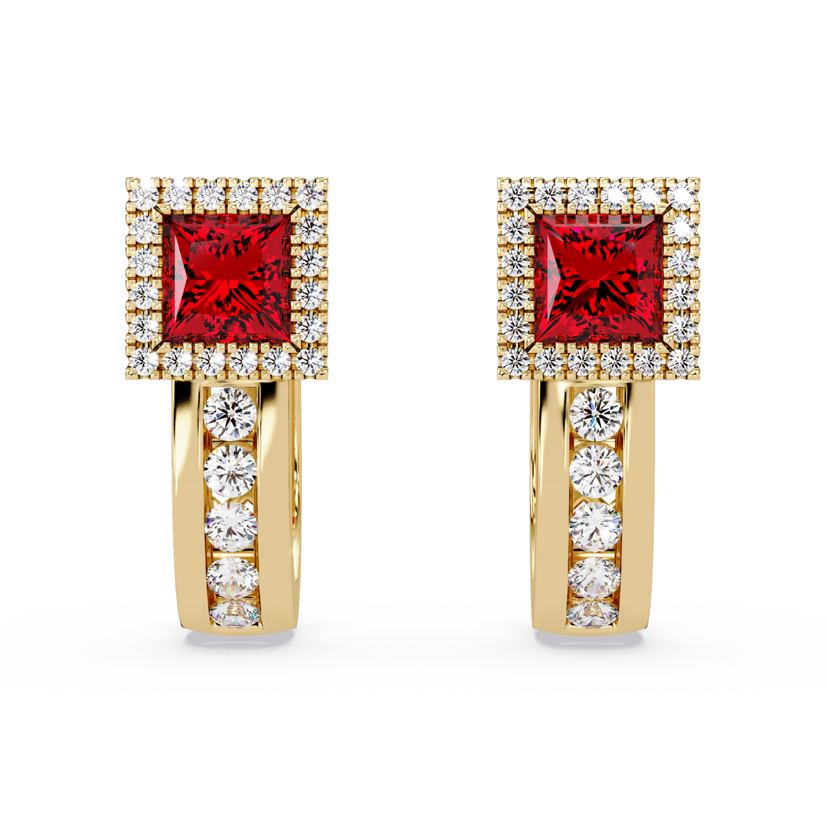 ER CAD004 princess halo colorstone huggie earrings Ruby Red Gold