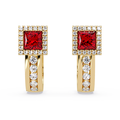 ER CAD004 princess halo colorstone huggie earrings Ruby Red Gold