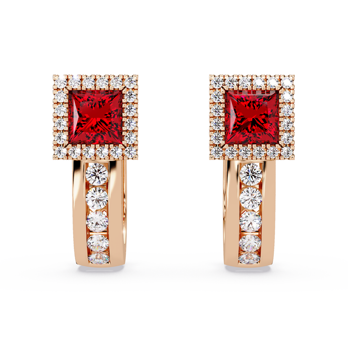 ER CAD004 princess halo colorstone huggie earrings Ruby Red Rose gold