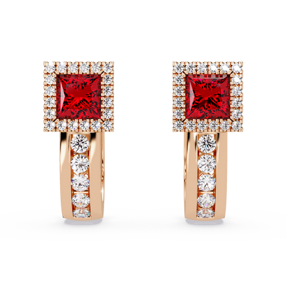 ER CAD004 princess halo colorstone huggie earrings Ruby Red Rose gold