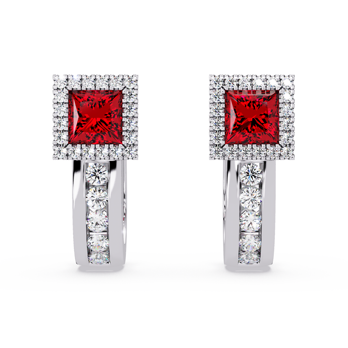 ER CAD004 princess halo colorstone huggie earrings Ruby Red White gold