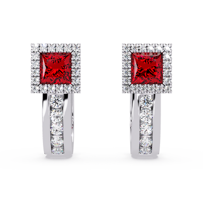 ER CAD004 princess halo colorstone huggie earrings Ruby Red White gold
