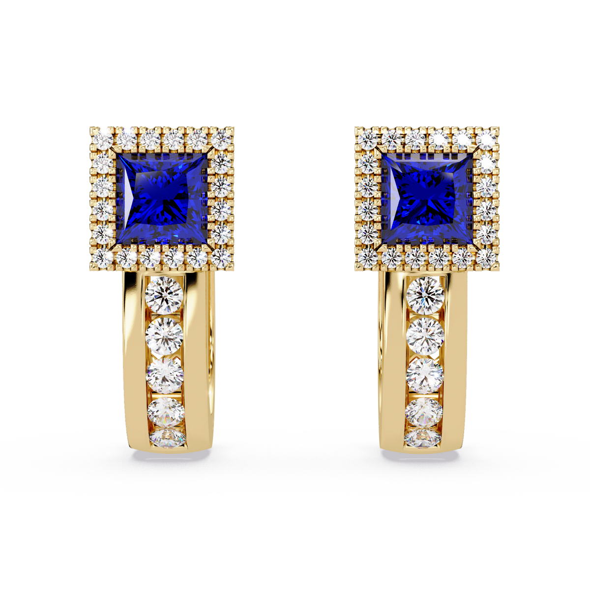 ER CAD004 princess halo colorstone huggie earrings Sapphire Blue Gold