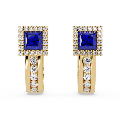 ER CAD004 princess halo colorstone huggie earrings Sapphire Blue Gold
