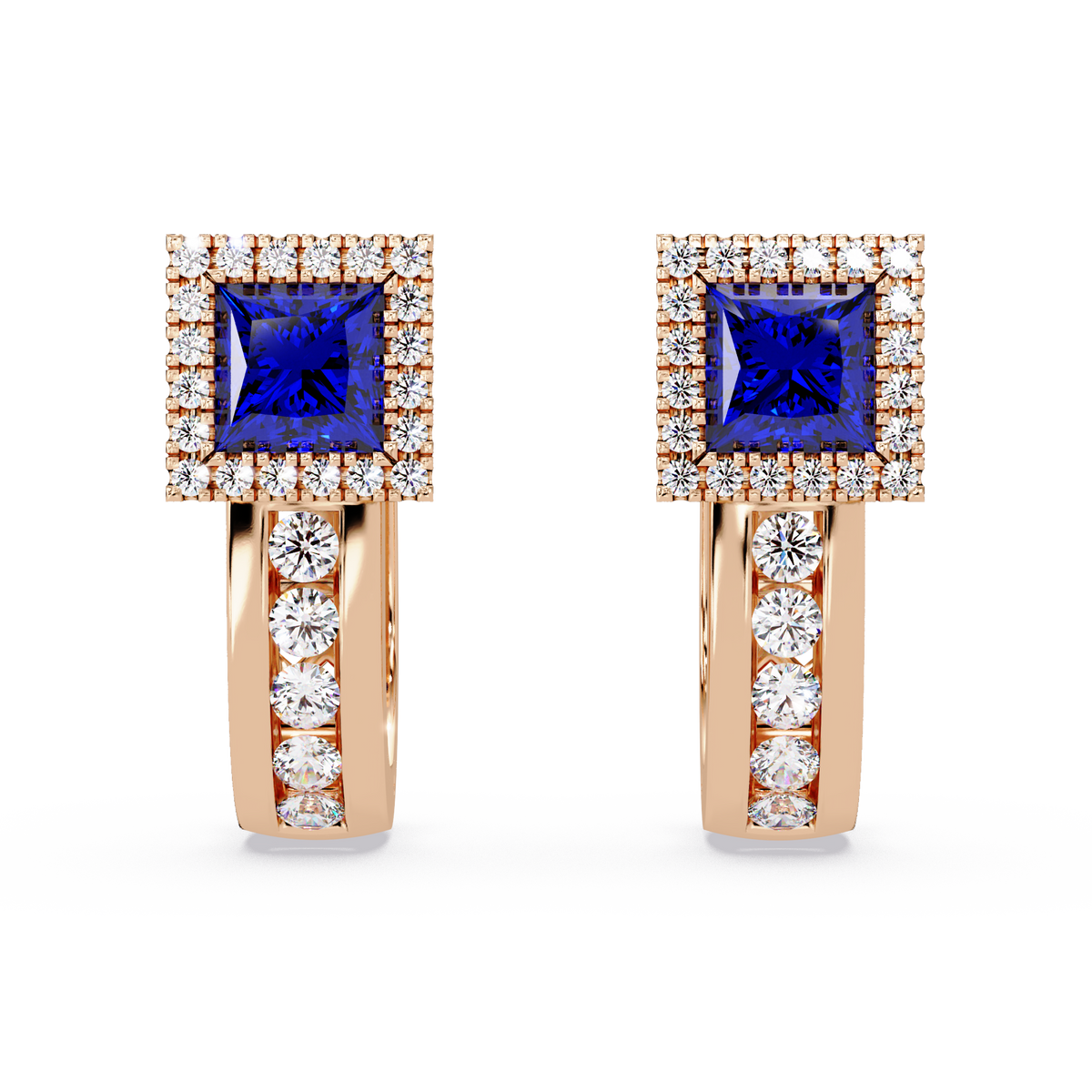 ER CAD004 princess halo colorstone huggie earrings Sapphire Blue Rose gold