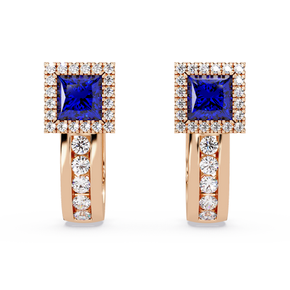 ER CAD004 princess halo colorstone huggie earrings Sapphire Blue Rose gold