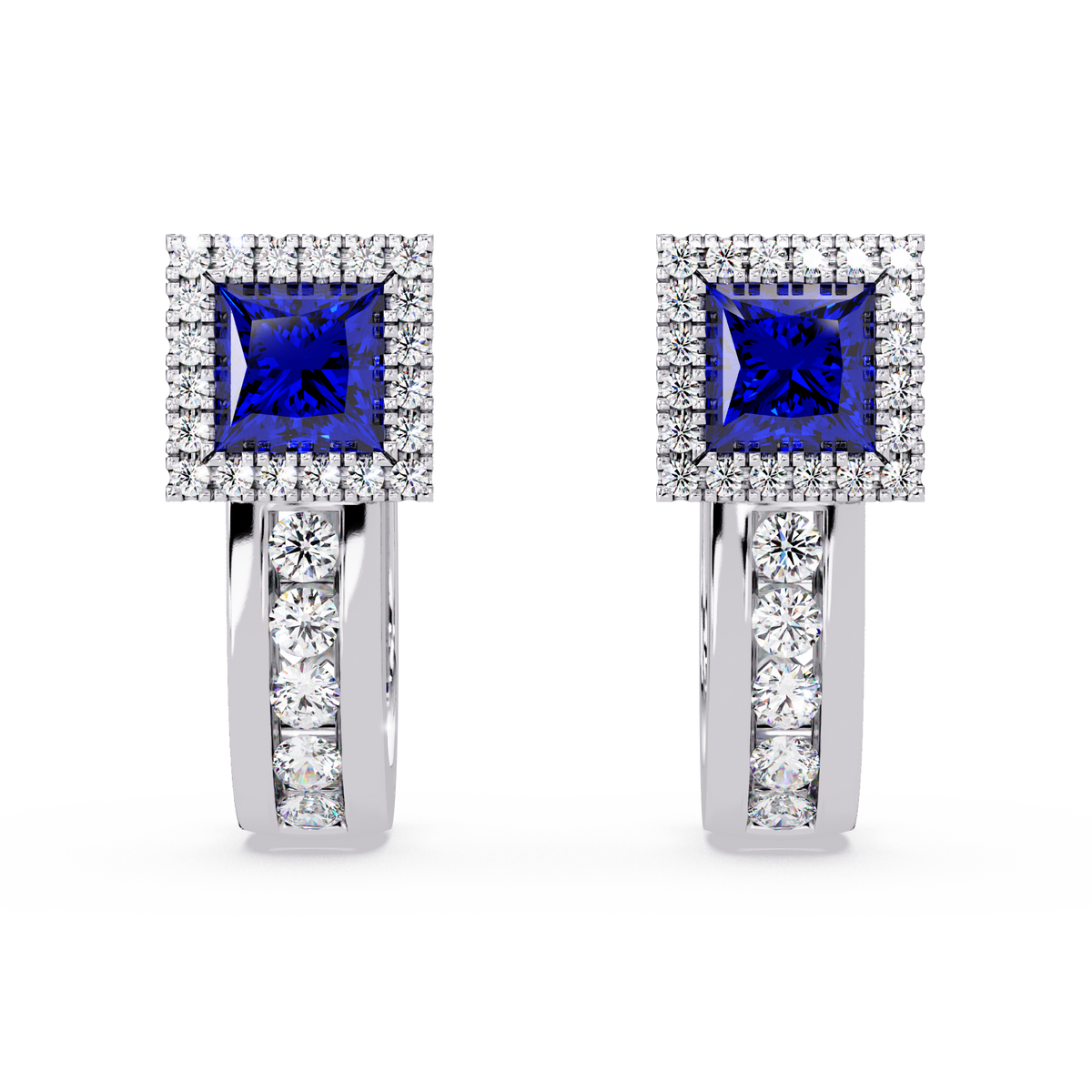 ER CAD004 princess halo colorstone huggie earrings Sapphire Blue White gold