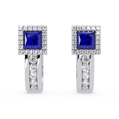ER CAD004 princess halo colorstone huggie earrings Sapphire Blue White gold