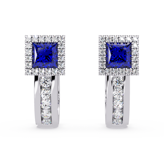ER CAD004 princess halo colorstone huggie earrings Sapphire Blue White gold