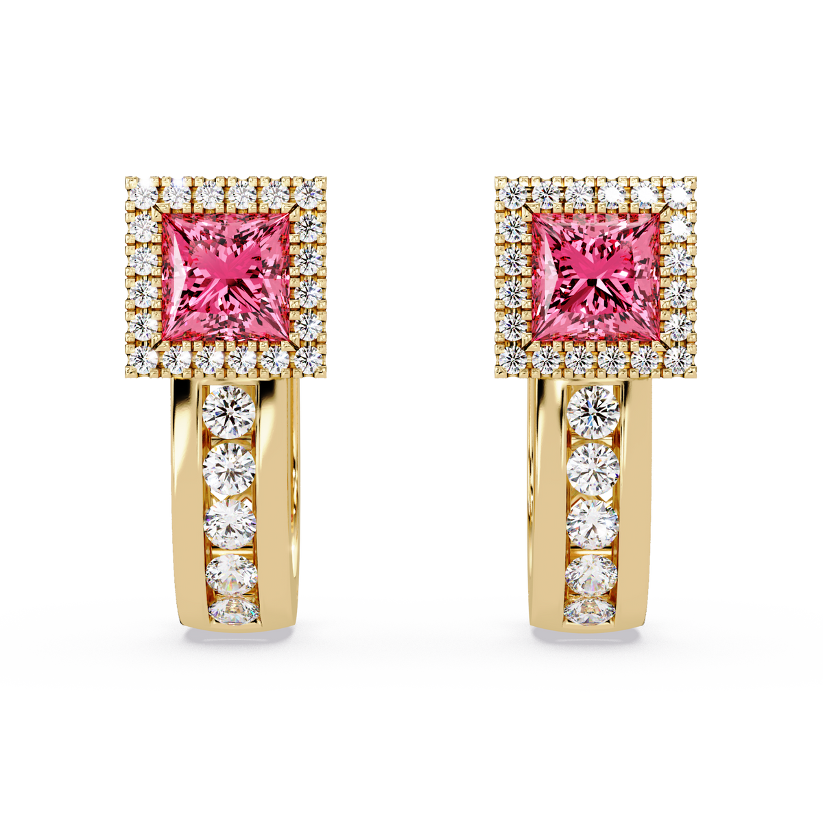 ER CAD004 princess halo colorstone huggie earrings Tourmaline Pink Gold