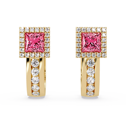 ER CAD004 princess halo colorstone huggie earrings Tourmaline Pink Gold