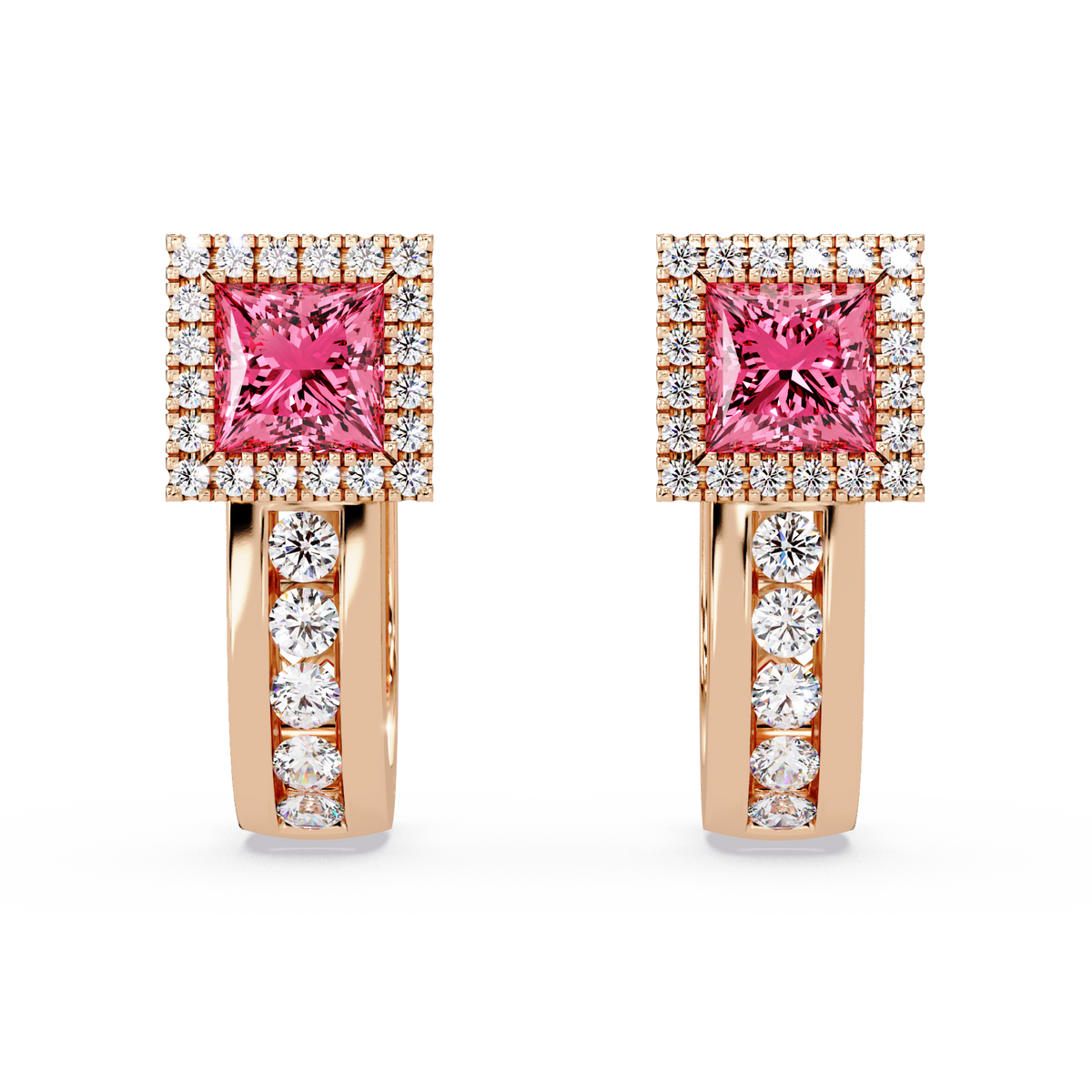 ER CAD004 princess halo colorstone huggie earrings Tourmaline Pink Rose gold