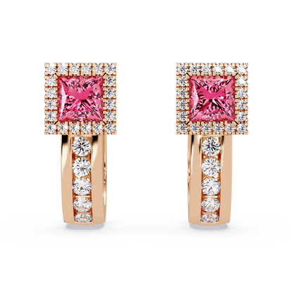 ER CAD004 princess halo colorstone huggie earrings Tourmaline Pink Rose gold