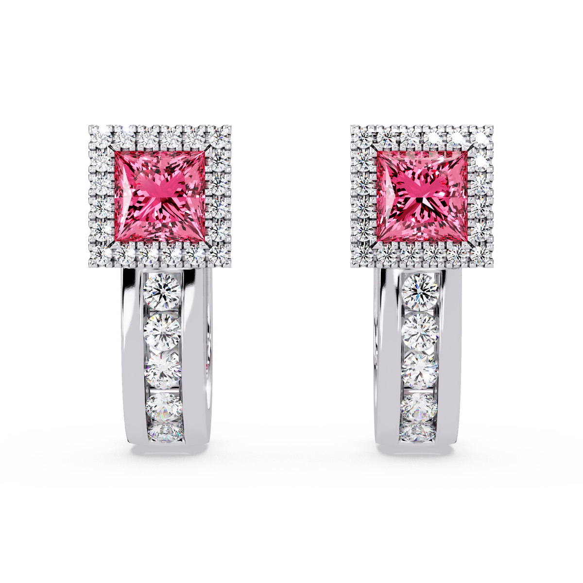 ER CAD004 princess halo colorstone huggie earrings Tourmaline Pink White gold