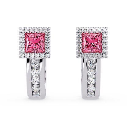ER CAD004 princess halo colorstone huggie earrings Tourmaline Pink White gold