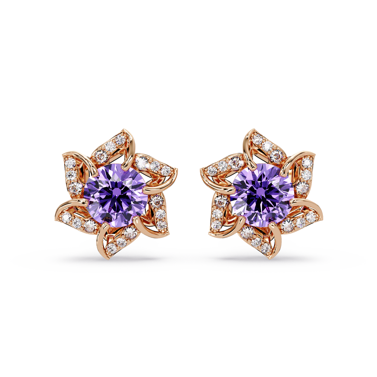 ER CAD-005 floral colorstone cluster stud earrings, Amethyst Purple, rose gold