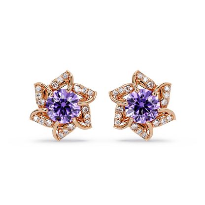 ER CAD-005 floral colorstone cluster stud earrings, Amethyst Purple, rose gold