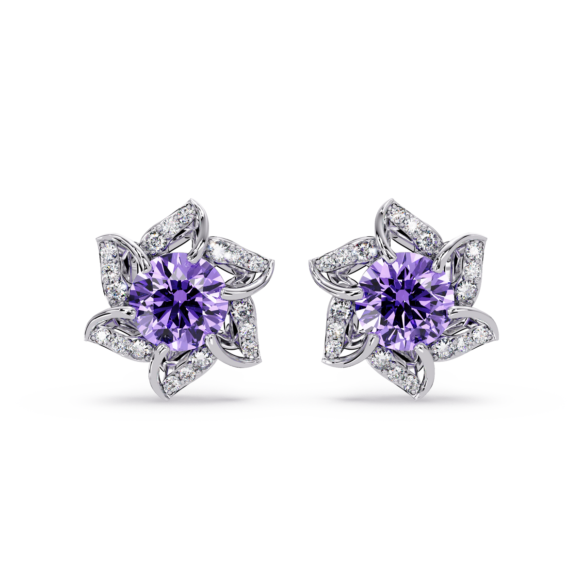 ER CAD-005 floral colorstone cluster stud earrings, Amethyst Purple, white gold