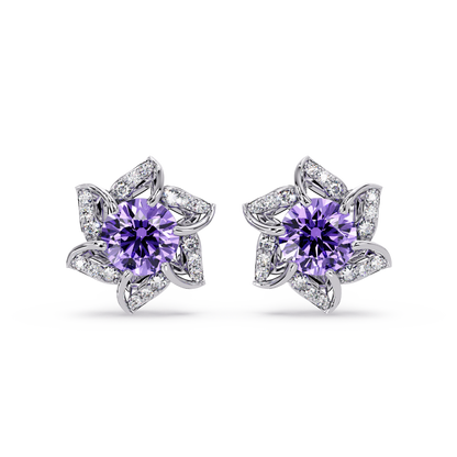 ER CAD-005 floral colorstone cluster stud earrings, Amethyst Purple, white gold
