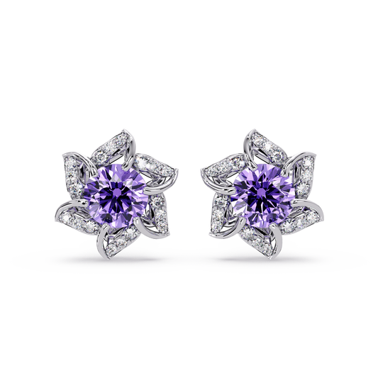 ER CAD-005 floral colorstone cluster stud earrings, Amethyst Purple, white gold