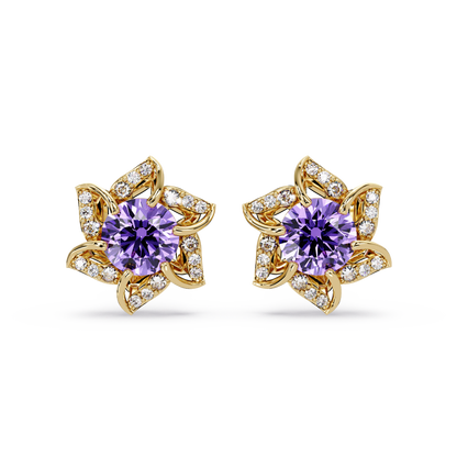ER CAD-005 floral colorstone cluster stud earrings, Amethyst Purple, yellow gold