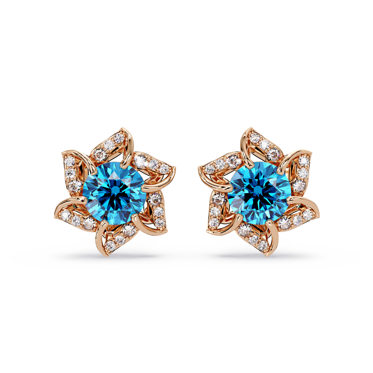 ER CAD-005 floral colorstone cluster stud earrings, Aquamarine Blue, rose gold