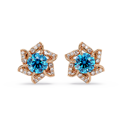 ER CAD-005 floral colorstone cluster stud earrings, Aquamarine Blue, rose gold