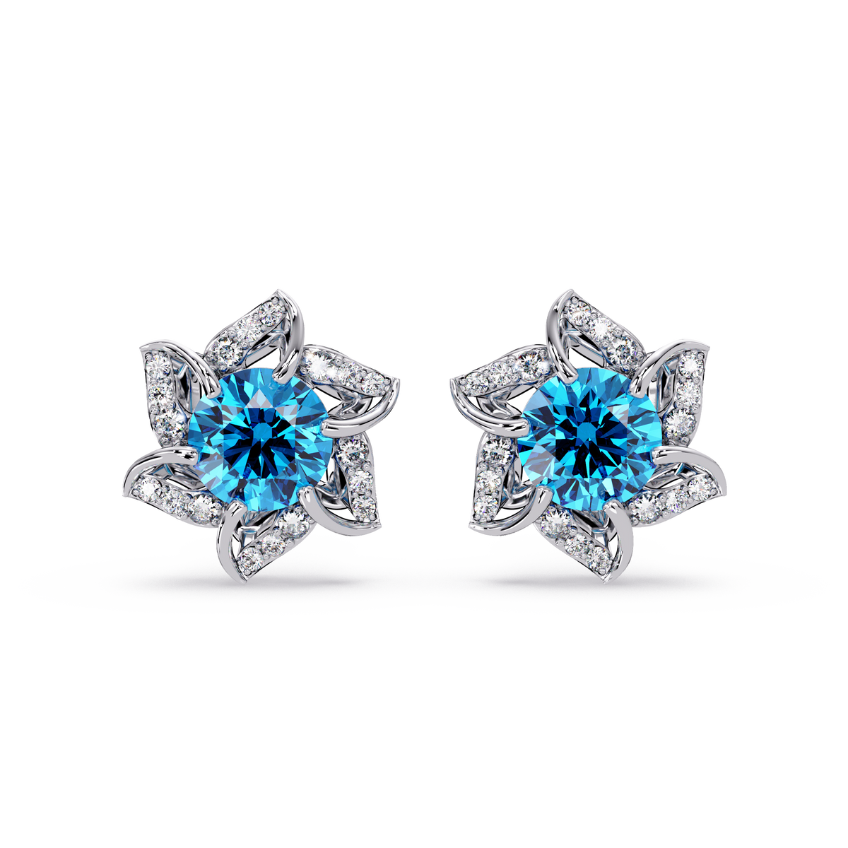 ER CAD-005 floral colorstone cluster stud earrings, Aquamarine Blue, white gold