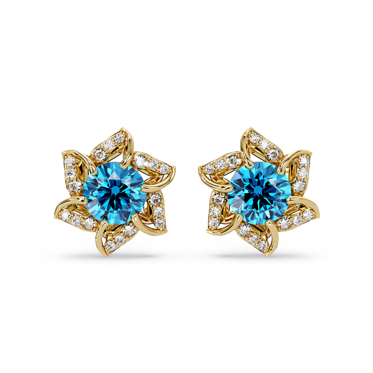 ER CAD-005 floral colorstone cluster stud earrings, Aquamarine Blue, yellow gold